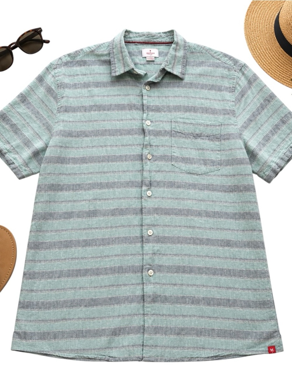 Islander Linen Cotton Mint Green Gray Striped Camp Shirt Resort Coastal Large